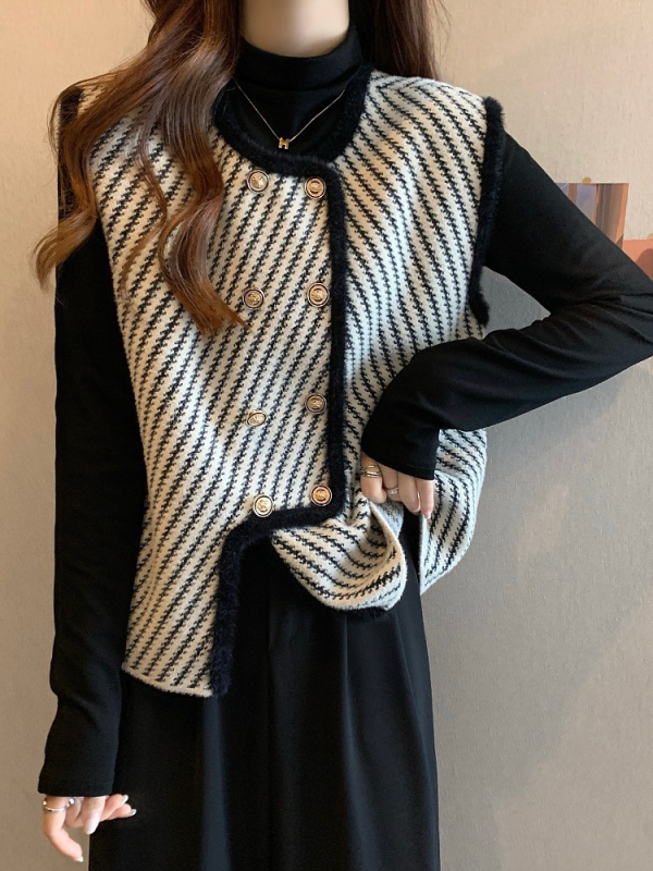 Ženski pleteni vest-kardigan s houndstooth uzorkom, viskozno vlakno, slobodan kroj, okrugli izrez, jednodjelno kopčanje, dužina 50–65 cm
