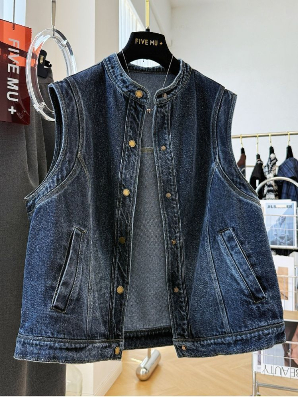 Ženski poliester bez rukava, okrugli ovratnik, duljina 50–65 cm, zatvaranje kopčama, vintage stil