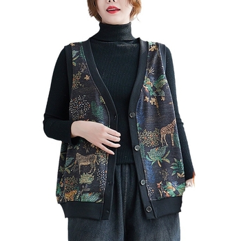 Kardigan s baršunastim printom i retro dizajnom, mješavina pamuka i poliestera, opušten kroj, V-izrez