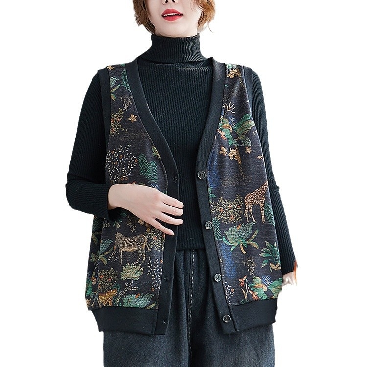 Kardigan s baršunastim printom i retro dizajnom, mješavina pamuka i poliestera, opušten kroj, V-izrez