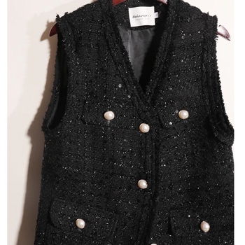 Ženski vest u Xiaoxiang stilu, dugi tweed sa šljokicama, polo ovratnik, proljeće 2025