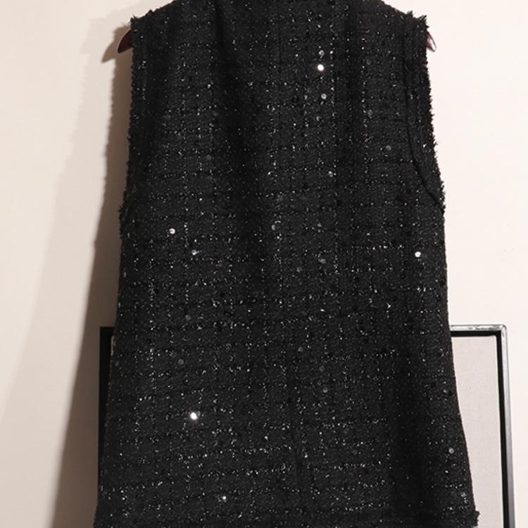 Ženski vest u Xiaoxiang stilu, dugi tweed sa šljokicama, polo ovratnik, proljeće 2025