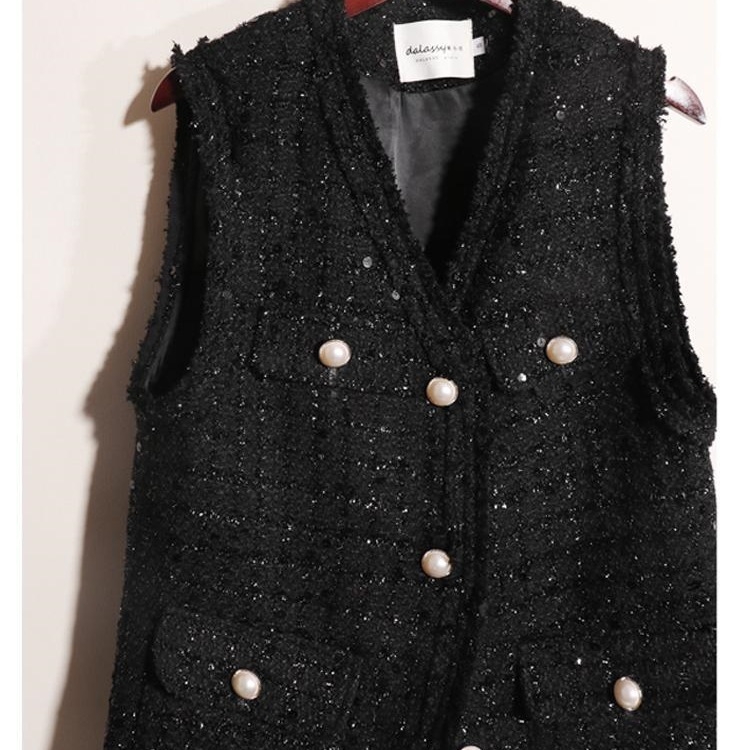 Ženski vest u Xiaoxiang stilu, dugi tweed sa šljokicama, polo ovratnik, proljeće 2025