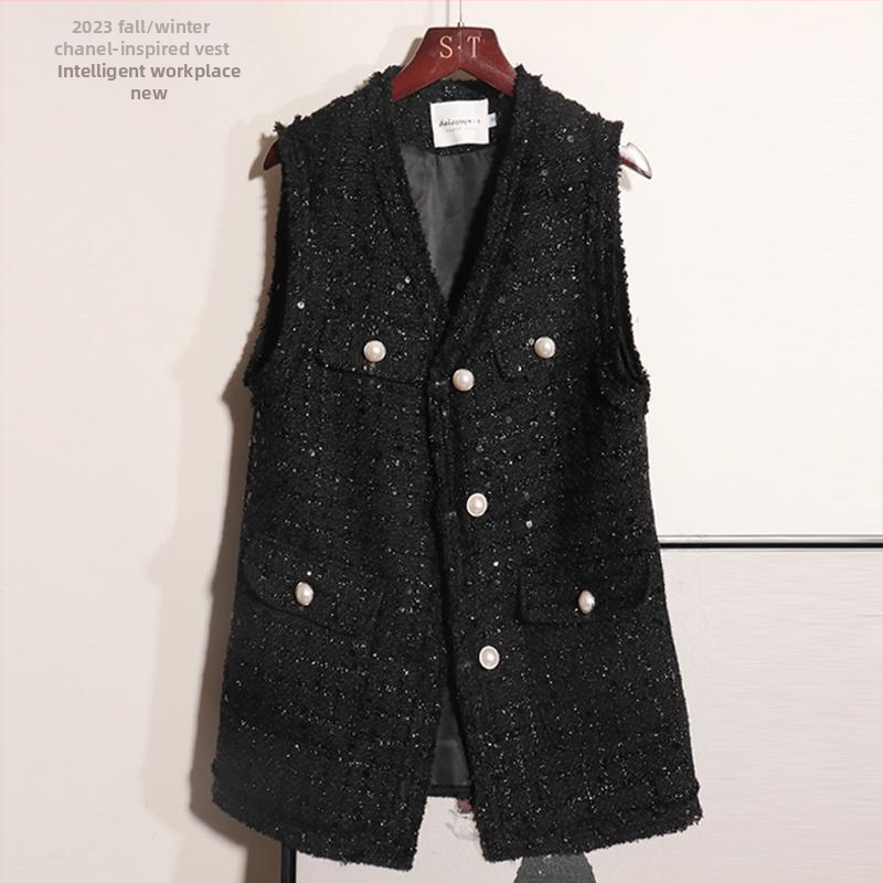 Ženski vest u Xiaoxiang stilu, dugi tweed sa šljokicama, polo ovratnik, proljeće 2025