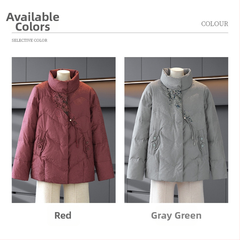 Moteriška žieminė striukė su aukštu apykakle, laisvas kirpimas, siuvinėjimas, tuščiakūnio pūkų ir medvilnės užpildas, poliesterio 95%+