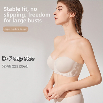 Rinnahoidja ilma õlgedeta, libisemisvastase voodriga, õhukesed vormitud tassid, selja taga kolm rida klõpse, riiete all nähtamatu