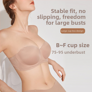 Rinnahoidja ilma õlgedeta, libisemisvastase voodriga, õhukesed vormitud tassid, selja taga kolm rida klõpse, riiete all nähtamatu