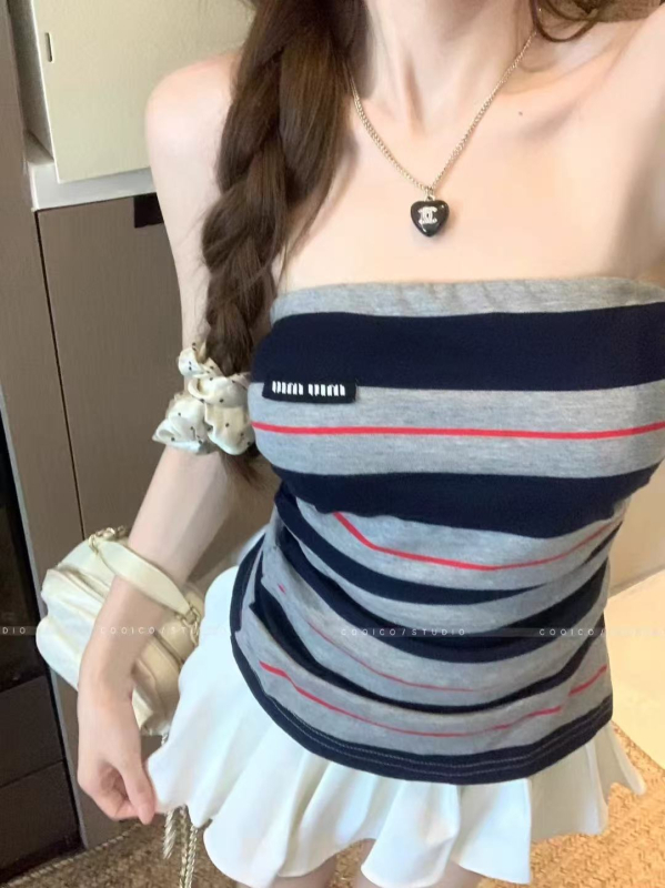 Bustier top bez naramenica, uski kroj, pamuk, prugasto/kockasti uzorak, elegantan gradski stil