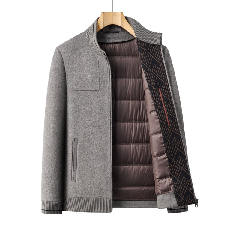 Muška zimska jakna od perja, kratka, poslovno casual stil, s odvajanom unutrašnjem podstavom, bijeli patka per 46–50%, -20°C do -5°C