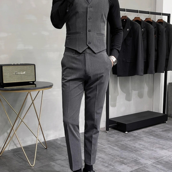 Muški slim-fit set sako-vesti: V-izrez, dvostruko kopčanje, prugasti poliester
