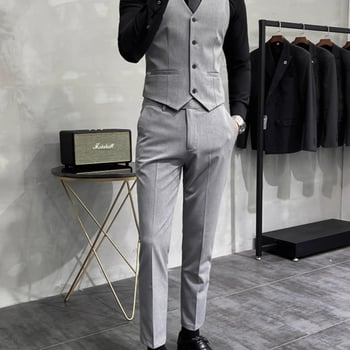 Muški slim-fit set sako-vesti: V-izrez, dvostruko kopčanje, prugasti poliester
