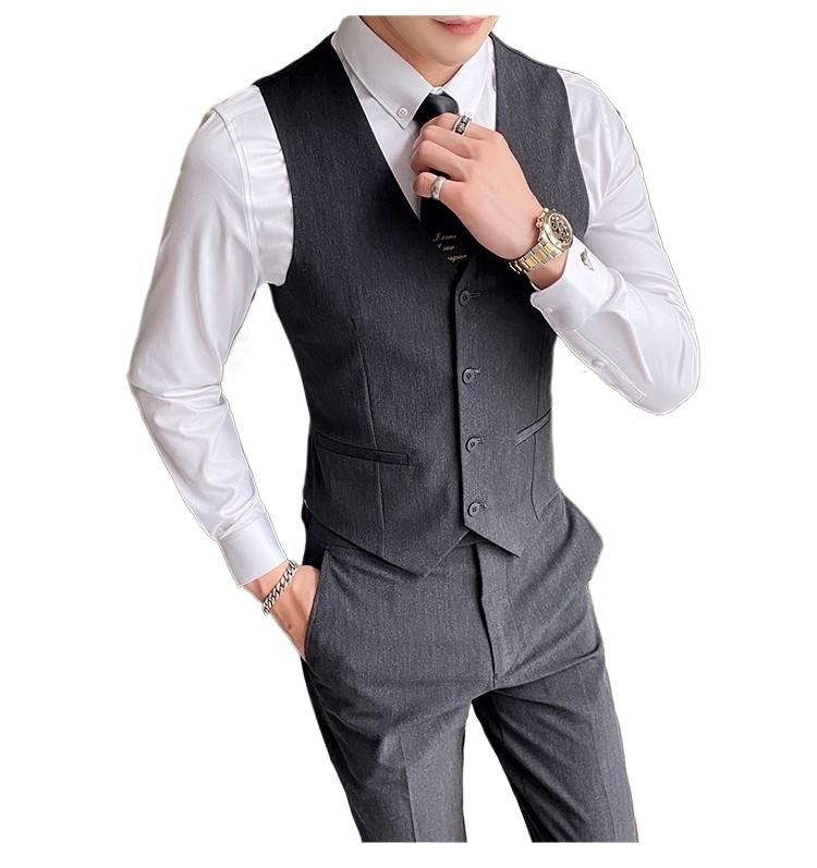 Muški slim-fit set sako-vesti: V-izrez, dvostruko kopčanje, prugasti poliester