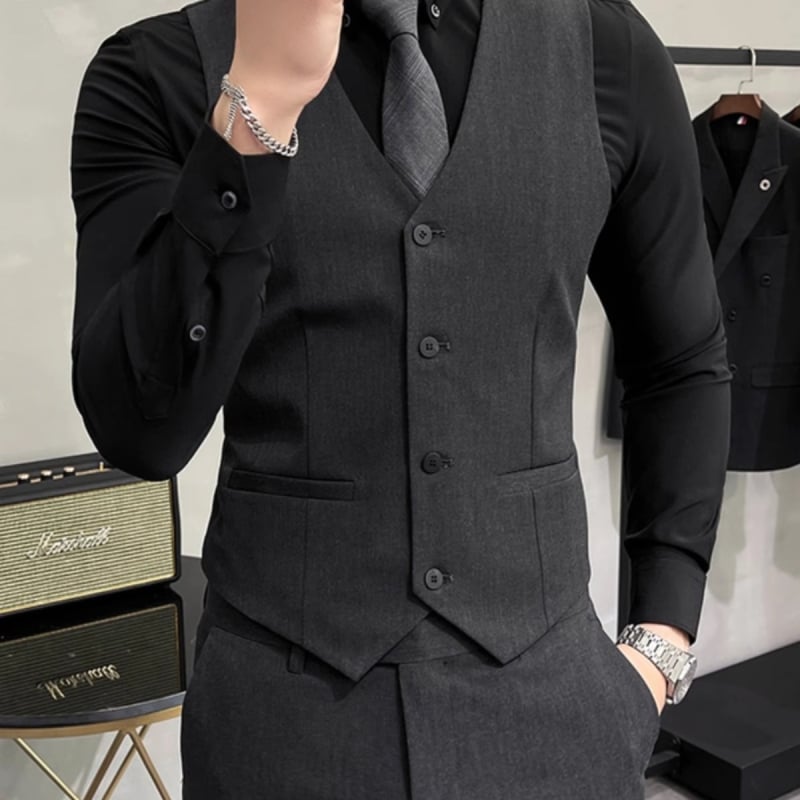 Muški slim-fit set sako-vesti: V-izrez, dvostruko kopčanje, prugasti poliester