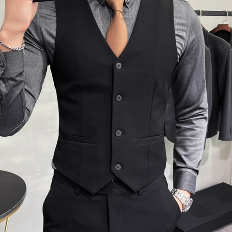 Muški slim-fit set sako-vesti: V-izrez, dvostruko kopčanje, prugasti poliester