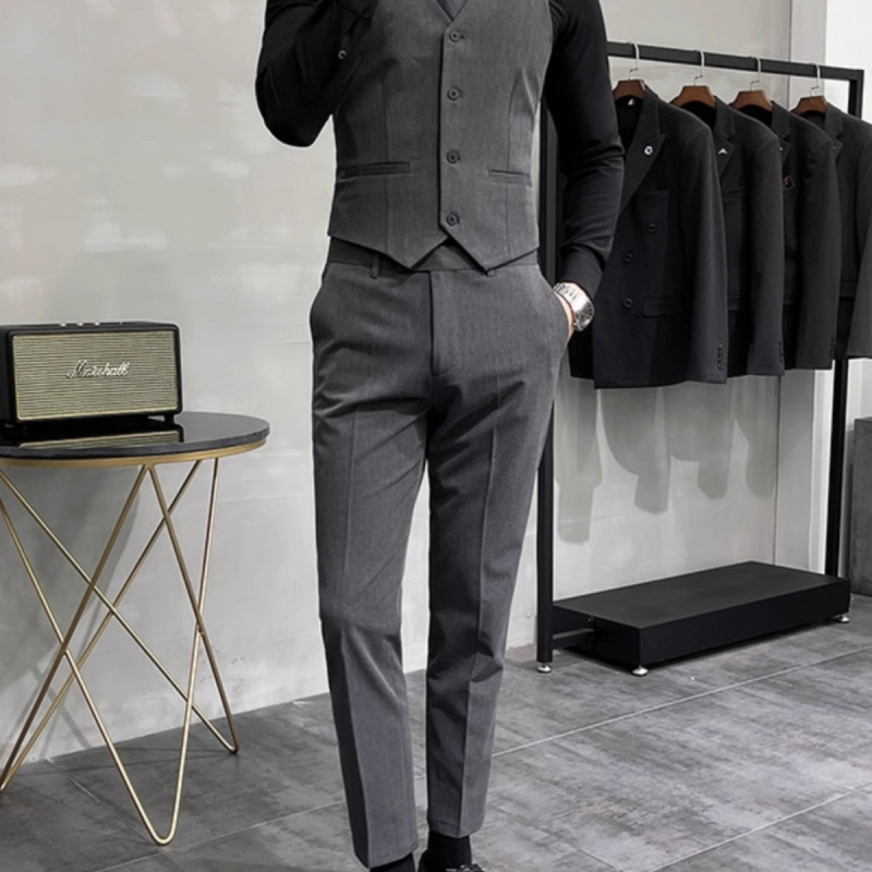 Muški slim-fit set sako-vesti: V-izrez, dvostruko kopčanje, prugasti poliester