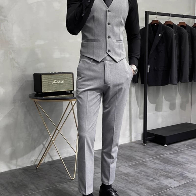 Muški slim-fit set sako-vesti: V-izrez, dvostruko kopčanje, prugasti poliester