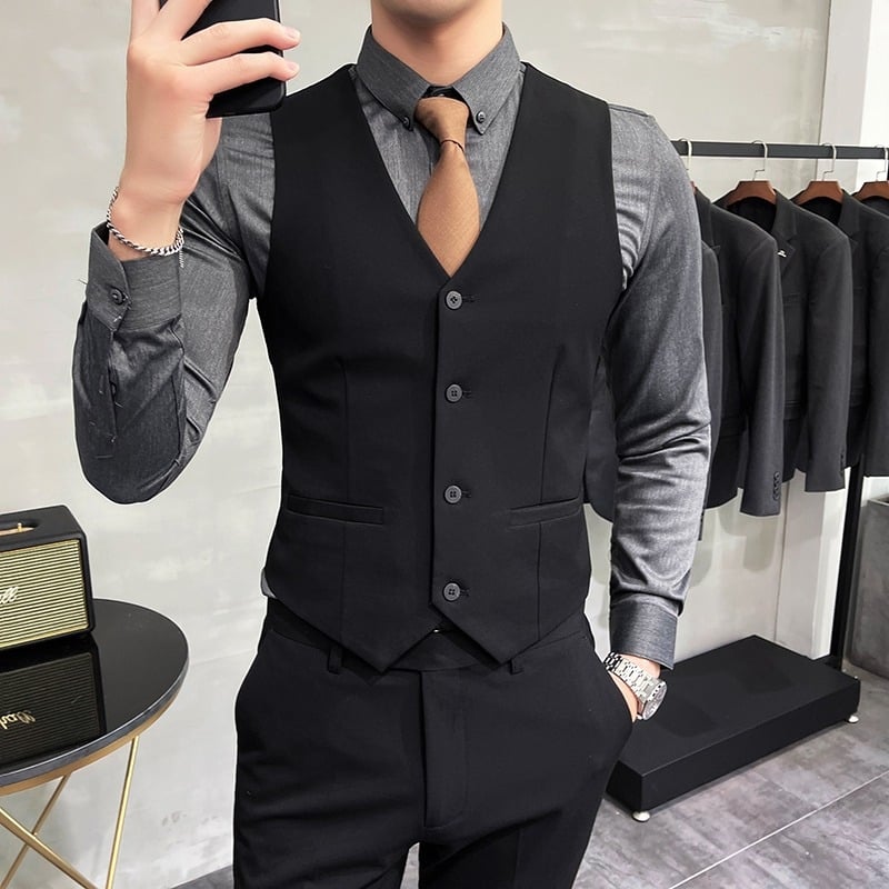 Muški slim-fit set sako-vesti: V-izrez, dvostruko kopčanje, prugasti poliester