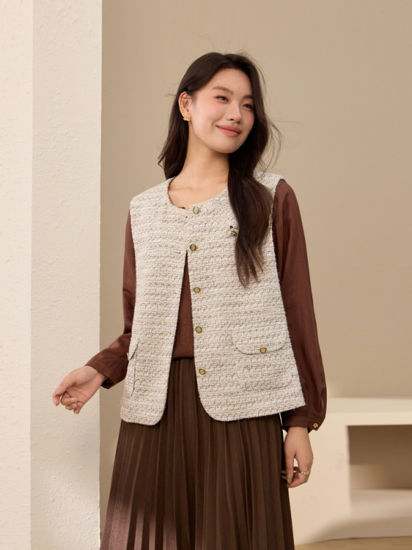 Cardigan u francuskom stilu, poliester tkanina, 95%+ poliester, okrugli izrez, jednostruko kopčanje