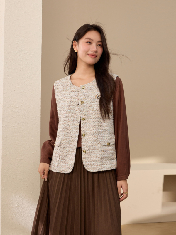 Cardigan u francuskom stilu, poliester tkanina, 95%+ poliester, okrugli izrez, jednostruko kopčanje