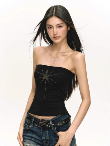 Ženski rhinestone tube top bez ramena, kratki ljetni top, američki stil, geometrijski uzorak
