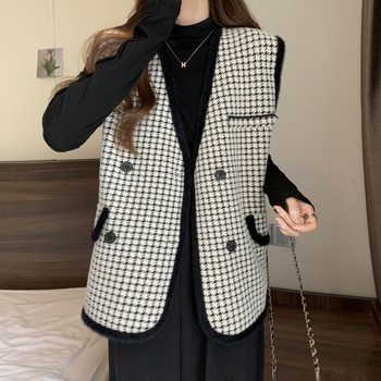 Ženska vest-kardigan u tweed stilu sa uzorkom houndstooth, V izrez, dvostruko kopčanje, akrilna pletenina, širok kroj