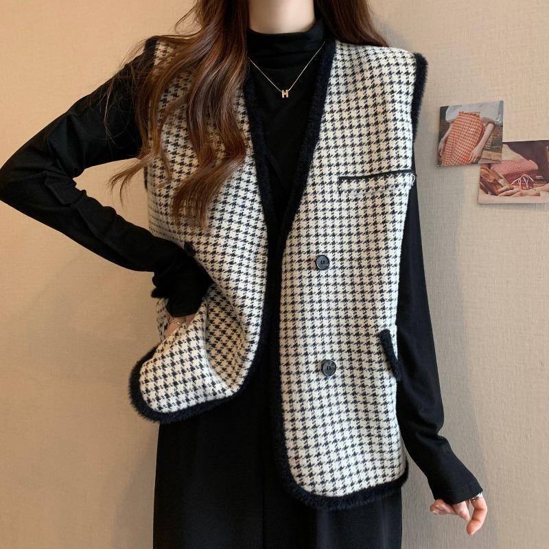 Ženska vest-kardigan u tweed stilu sa uzorkom houndstooth, V izrez, dvostruko kopčanje, akrilna pletenina, širok kroj