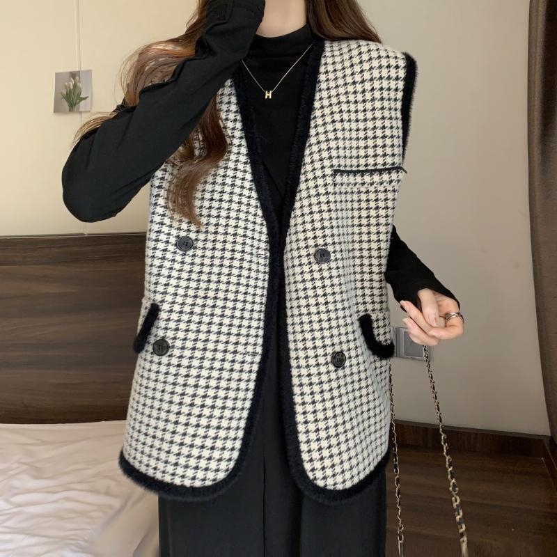 Ženska vest-kardigan u tweed stilu sa uzorkom houndstooth, V izrez, dvostruko kopčanje, akrilna pletenina, širok kroj