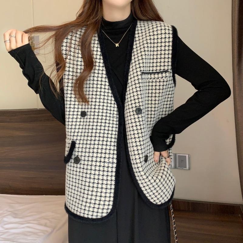 Ženska vest-kardigan u tweed stilu sa uzorkom houndstooth, V izrez, dvostruko kopčanje, akrilna pletenina, širok kroj