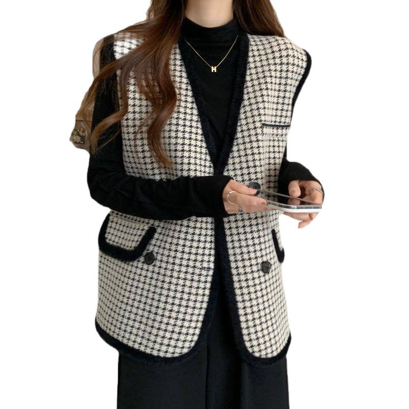 Ženska vest-kardigan u tweed stilu sa uzorkom houndstooth, V izrez, dvostruko kopčanje, akrilna pletenina, širok kroj