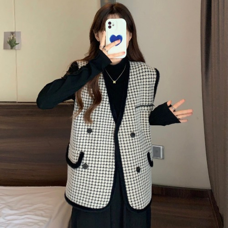 Ženska vest-kardigan u tweed stilu sa uzorkom houndstooth, V izrez, dvostruko kopčanje, akrilna pletenina, širok kroj