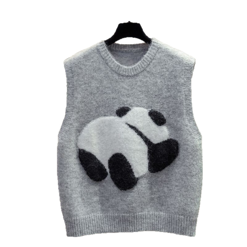 Prošireni pulover s Panda jacquardom i pliš teksturom, slobodan kroj, duljina 50–65 cm, materijal poliester i elastan, punjenje poliester-pamuk