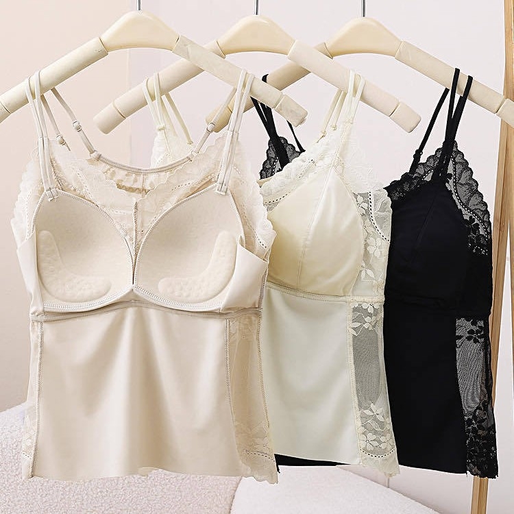 Lace ja jää-satiiniga kamisooli-top, sisseehitatud 3/4 kaussidega, õmblusteta selja kuju, talje pikkus, nooruslik seksikas stiil