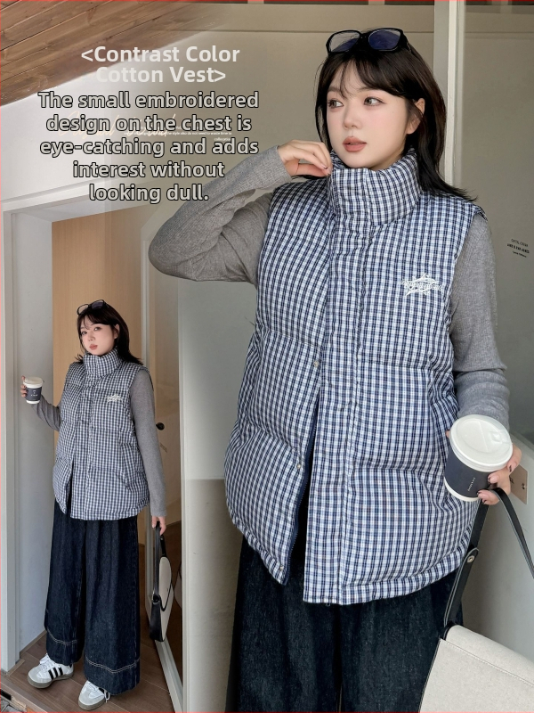 Be varrukateta vest ruudulise mustriga, stand-up krae, keskne pikkus, 95% polüester