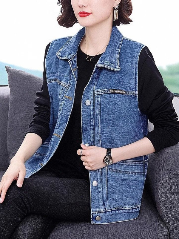 Naiste denim vest — varrukateta, Korea stiil, suur tasku, polo krae, kevad 2025