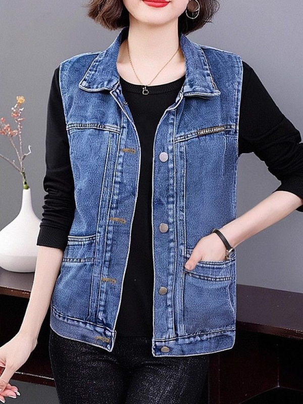 Naiste denim vest — varrukateta, Korea stiil, suur tasku, polo krae, kevad 2025