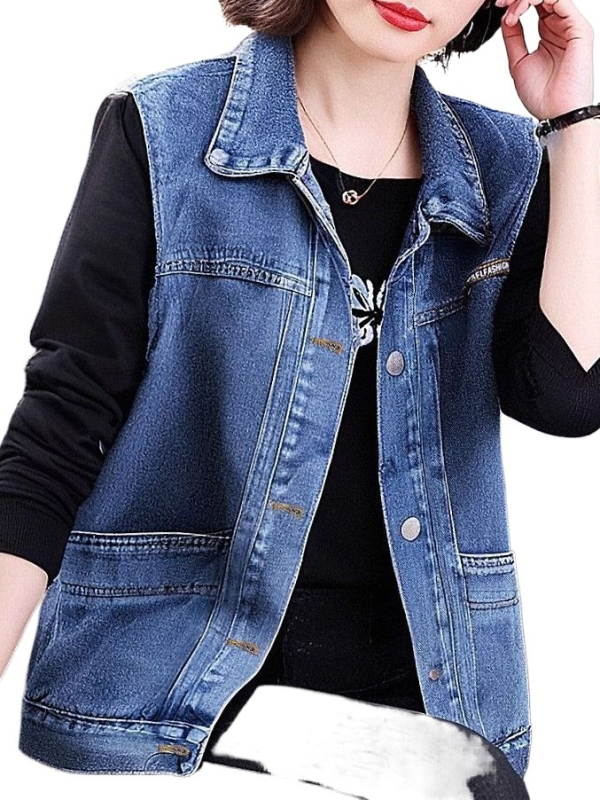 Naiste denim vest — varrukateta, Korea stiil, suur tasku, polo krae, kevad 2025