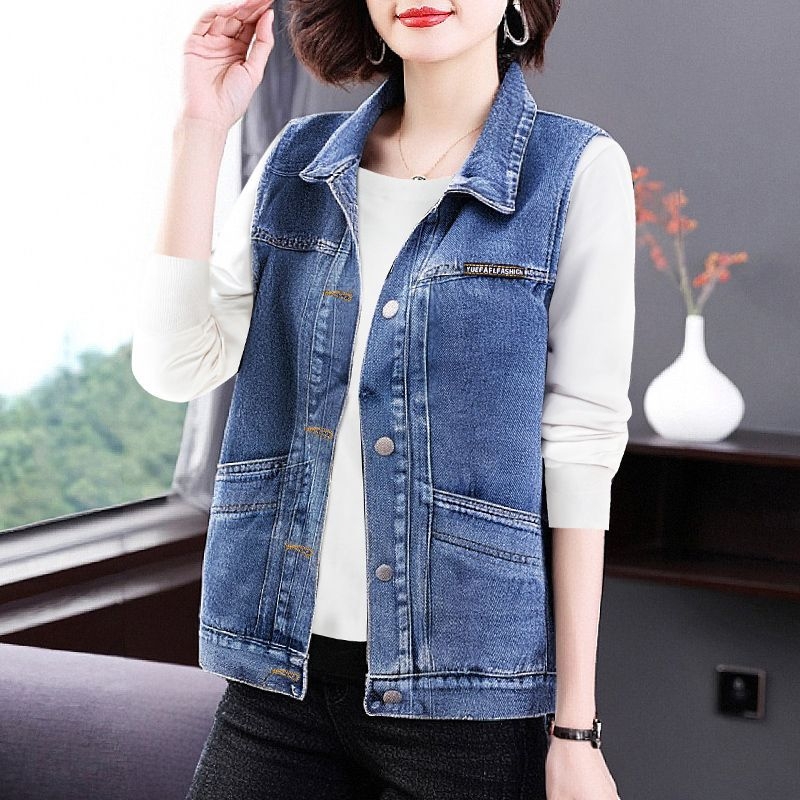 Naiste denim vest — varrukateta, Korea stiil, suur tasku, polo krae, kevad 2025