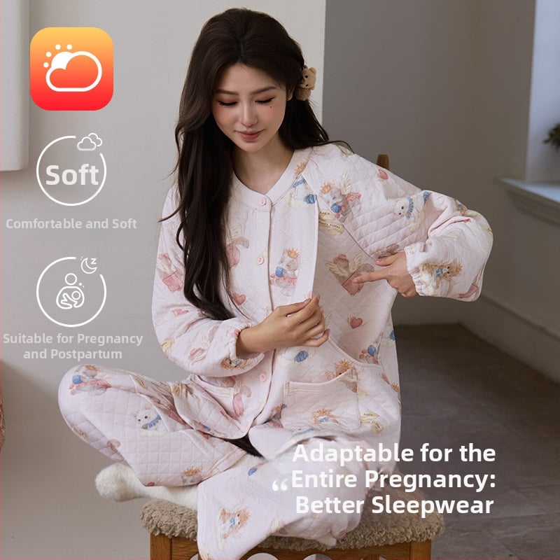 Ženski set pidžama od gaze pamuka, trostruko quiltan toplina, dugi rukavi, okrugli ovratnik, crtani uzorak; pogodan kao postporođajno odijelo.