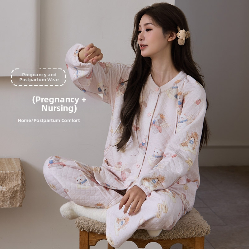 Ženski set pidžama od gaze pamuka, trostruko quiltan toplina, dugi rukavi, okrugli ovratnik, crtani uzorak; pogodan kao postporođajno odijelo.