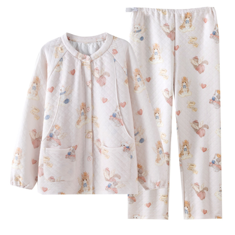 Ženski set pidžama od gaze pamuka, trostruko quiltan toplina, dugi rukavi, okrugli ovratnik, crtani uzorak; pogodan kao postporođajno odijelo.