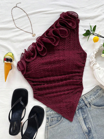 Naiste beplecu crop top - volanid õlgadel, lühike lõige, ebakorrapaarne lõige, polüester elastaaniga 90–95%, pull-over stiil