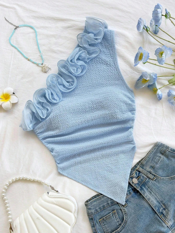 Naiste beplecu crop top - volanid õlgadel, lühike lõige, ebakorrapaarne lõige, polüester elastaaniga 90–95%, pull-over stiil