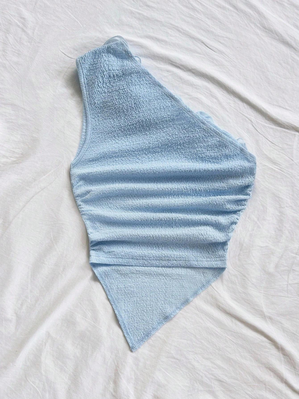 Naiste beplecu crop top - volanid õlgadel, lühike lõige, ebakorrapaarne lõige, polüester elastaaniga 90–95%, pull-over stiil