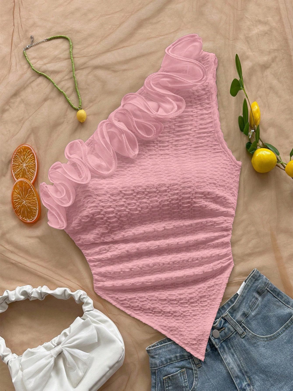 Naiste beplecu crop top - volanid õlgadel, lühike lõige, ebakorrapaarne lõige, polüester elastaaniga 90–95%, pull-over stiil