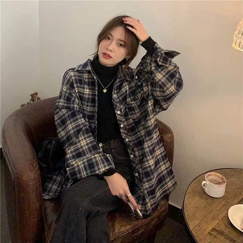 Ženska karirana košulja s dugim rukavima, polo ovratnik, ravni kroj, poliester