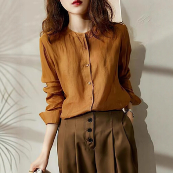 Cămașă cu guler rotund, mâneci lungi, poliester, croi liber, stil franțuzesc retro