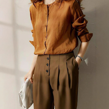 Cămașă cu guler rotund, mâneci lungi, poliester, croi liber, stil franțuzesc retro