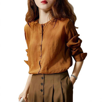 Cămașă cu guler rotund, mâneci lungi, poliester, croi liber, stil franțuzesc retro