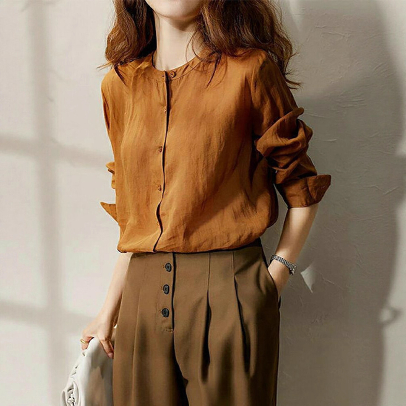 Cămașă cu guler rotund, mâneci lungi, poliester, croi liber, stil franțuzesc retro