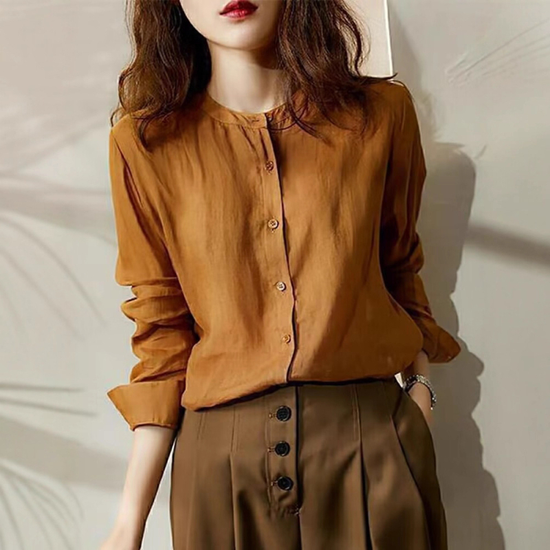 Cămașă cu guler rotund, mâneci lungi, poliester, croi liber, stil franțuzesc retro